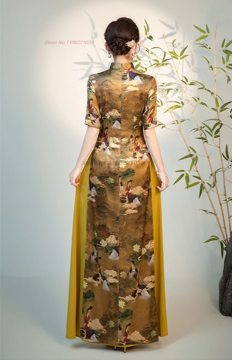 縮圖：2024 vietnam traditional aodai dress chinese improved qipao national crane prin