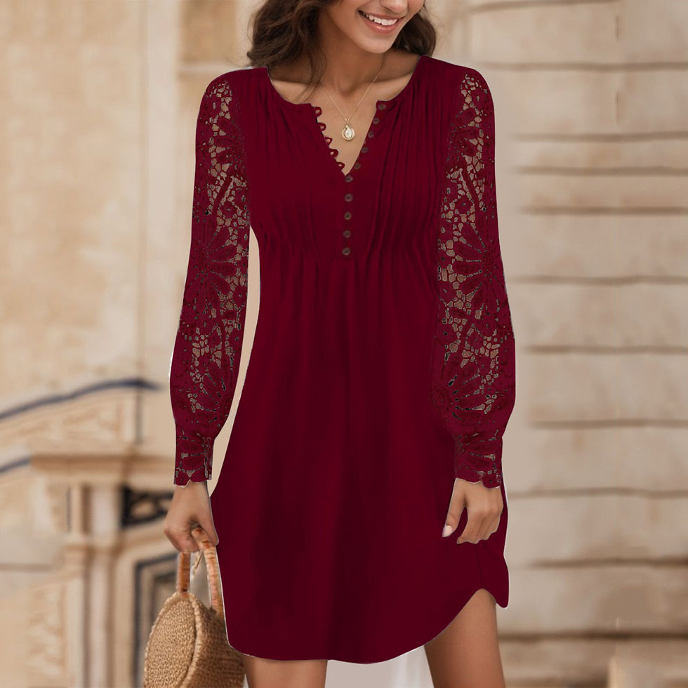 Thumbnail: Fashion Slim Lace Up Midi Dresses For Women V Neck Lace Hollow Long Sleeve Whit