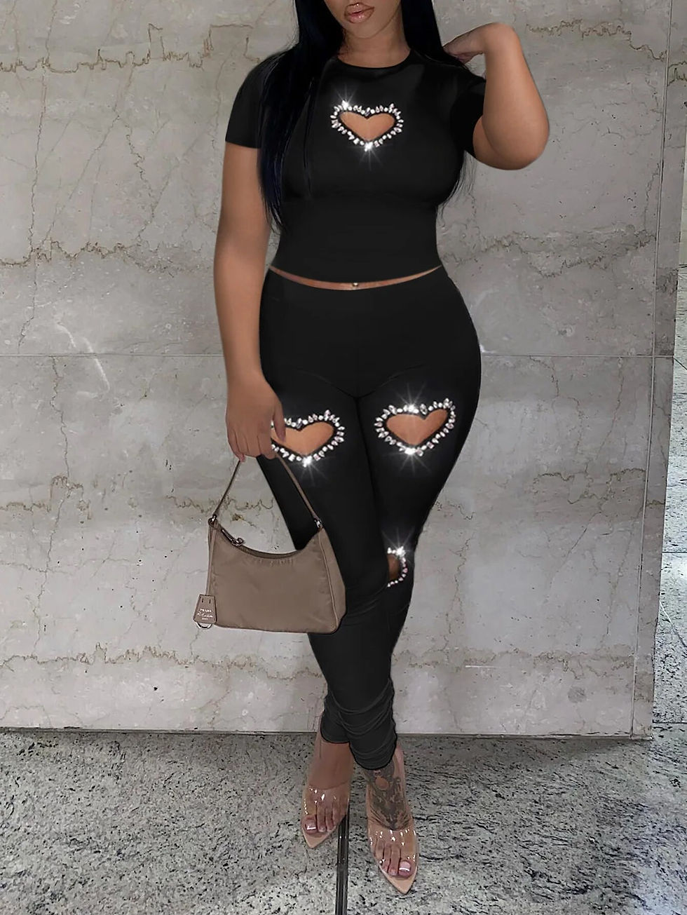 Thumbnail: LW Crop Top Rhinestone Heart Decor Pant Set Women Spring Summer Short Sleeve T-