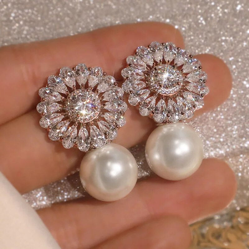 Miniatura: Huitan Gorgeous Flower Imitation Pearl Earrings Women Luxury Inlaid Sparkling C
