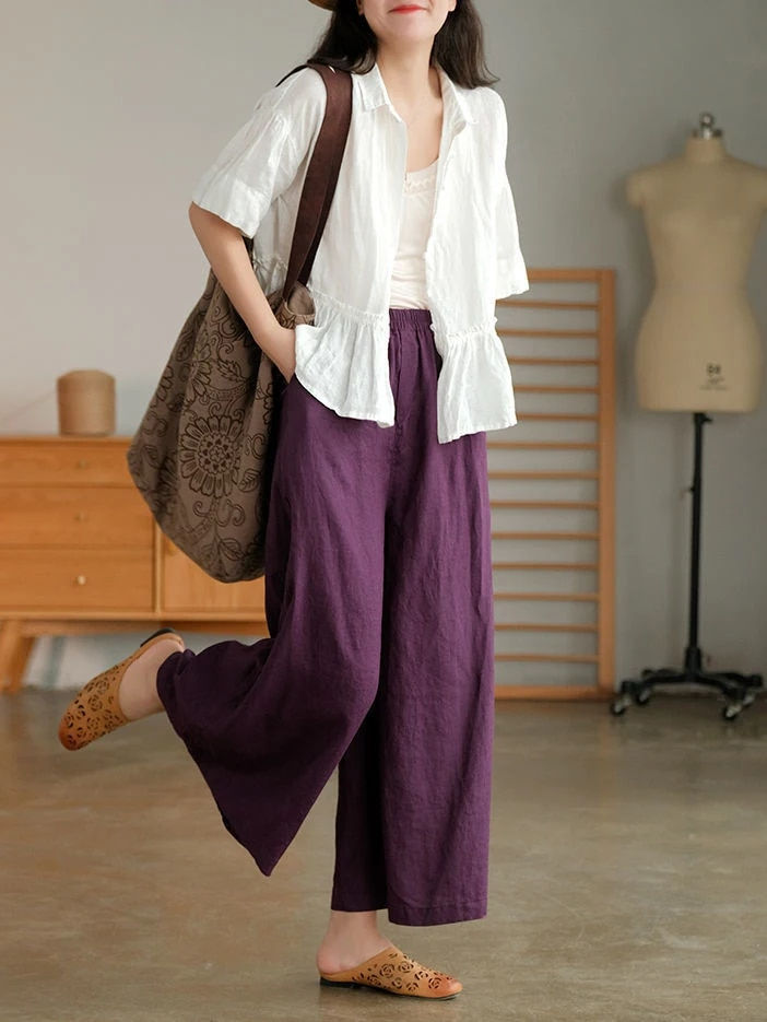 Thumbnail: 2024 Cotton Linen Home Wear Loose Pants for Women Summer Casual Baggy Wide Leg