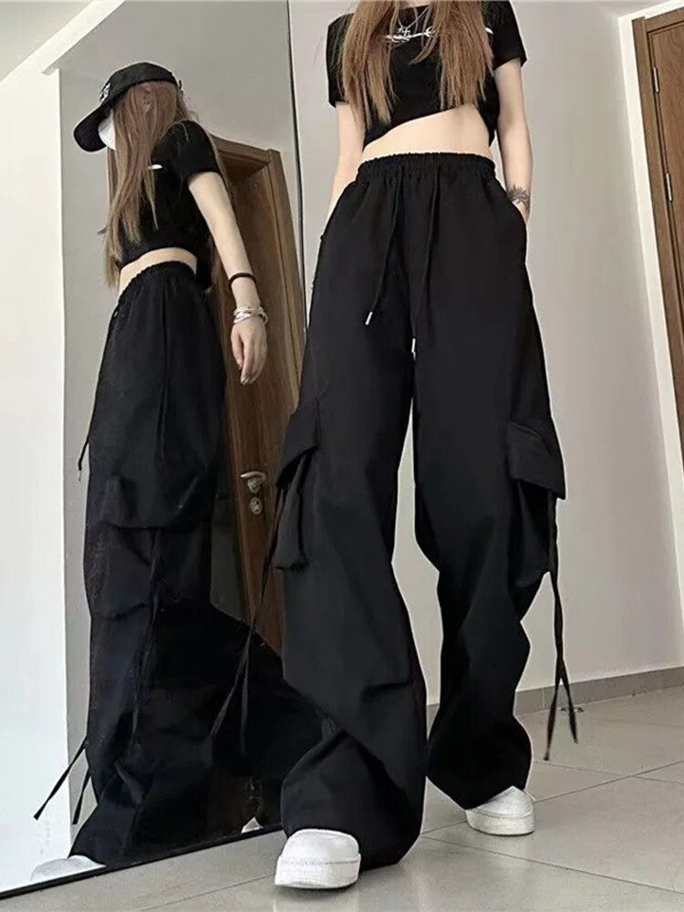 Miniaturebillede: Women Hip Hop Cargo Pants High Waist Wide Leg Y2K Korean Streetwear Trouser Fem
