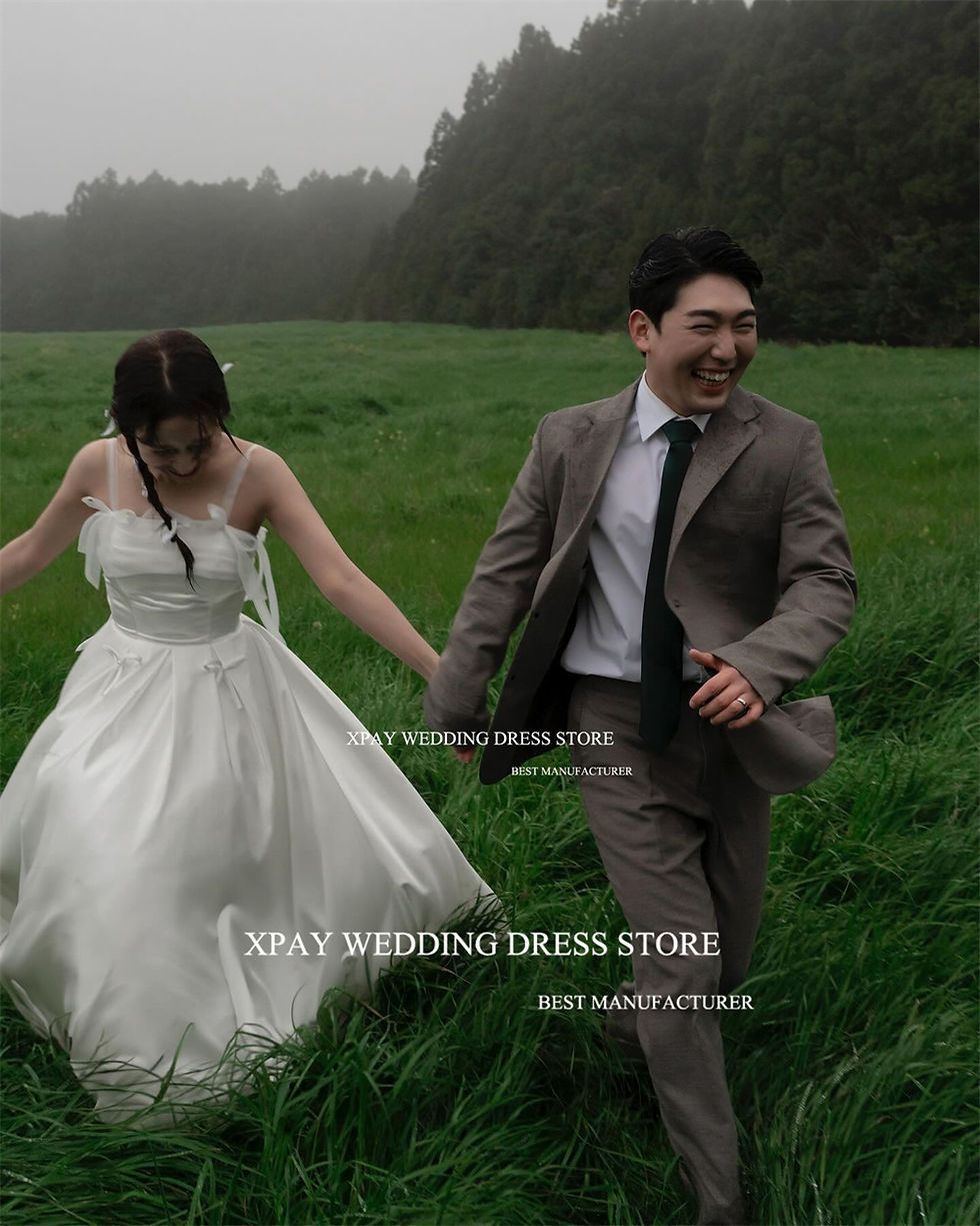 Thumbnail: XPAY Simple Strapless Korea Wedding Dresses Ribbons Bow Women Photo Shoot Floor