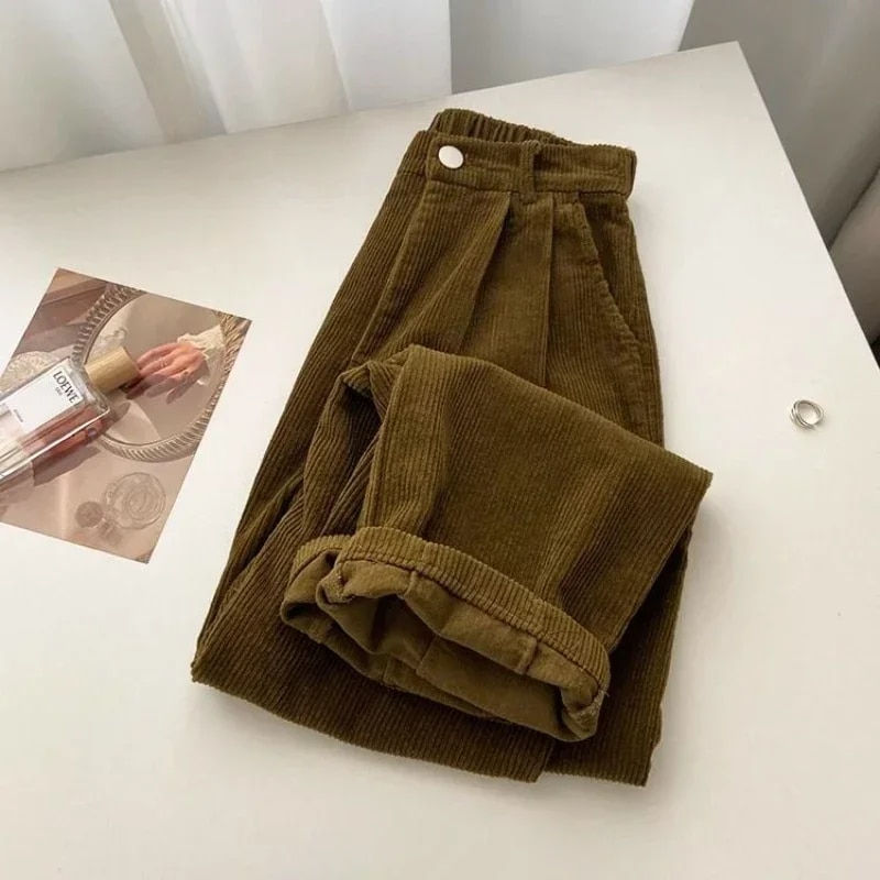 Thumbnail: Retro High Waist Corduroy Pants Women Spring Fall Straight Causal Full Length T