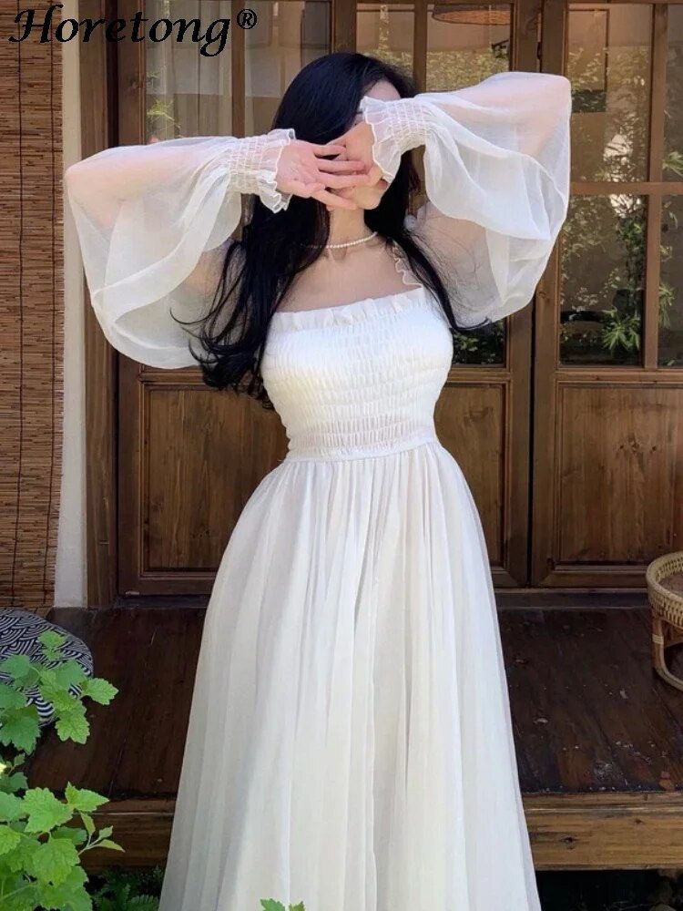 Thumbnail: Horetong Elegant Maxi Dresses For Women White Off Shoulder Puff Long Sleeve Ela
