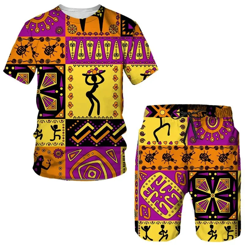 Thumbnail: Men Women Sports Suit 3D African Print T-Shirt Shorts Short Sleeve Ethnic Style