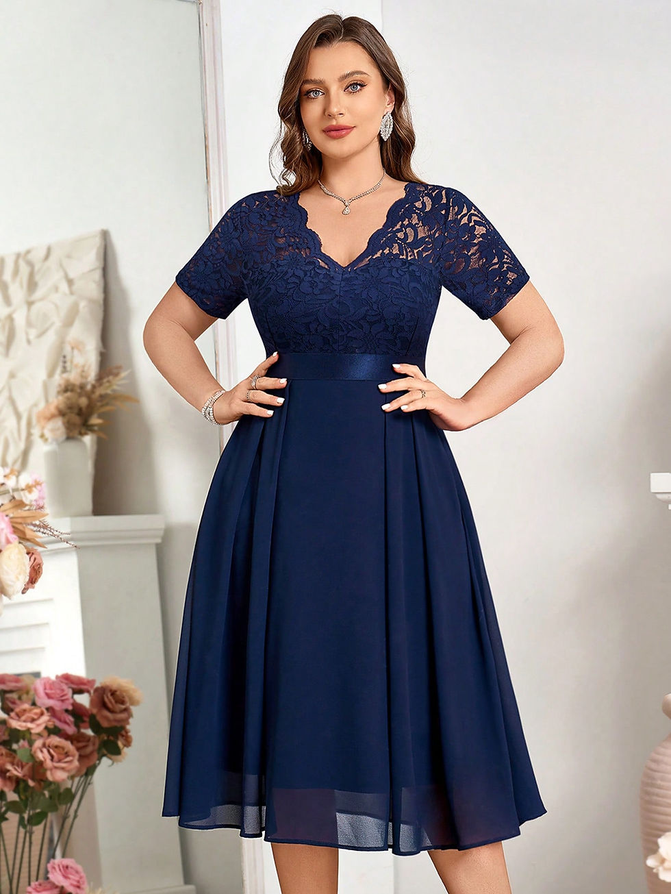 Μικρογραφία: Plus Floral Lace V-Neck Ruffle Trim Chiffon Hem Cocktail Party Swing Dress