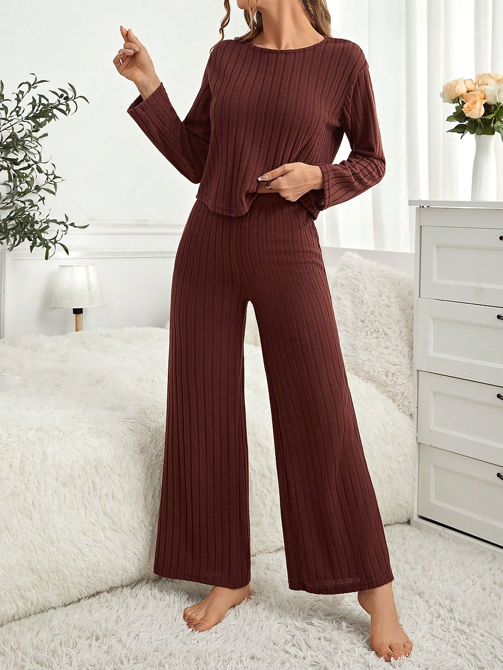 Thumbnail: Women's Long Sleeve Ribbed Homewear Set