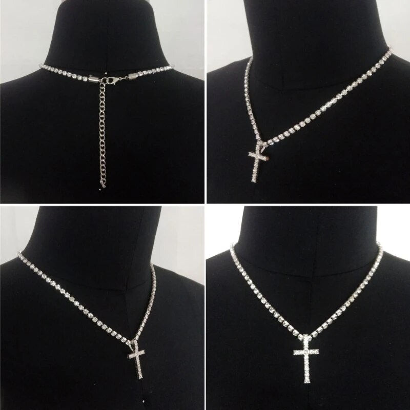 Thumbnail: Shiny White Crystals Cross Pendant Necklace Holy Crystals Cross Pendant with Rh
