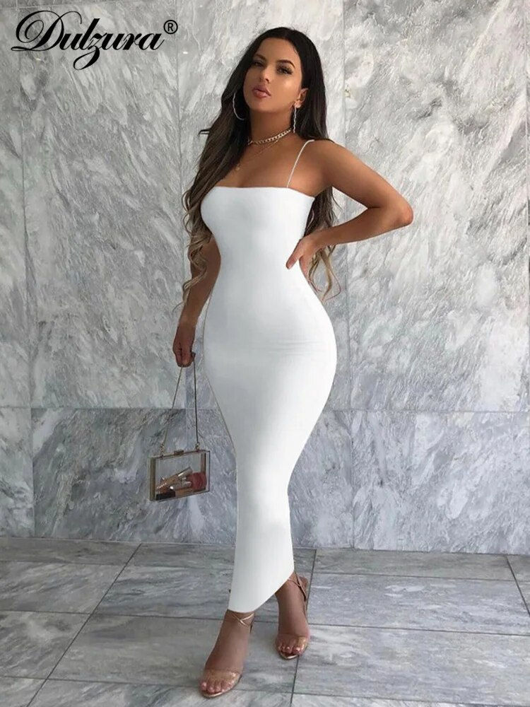 Thumbnail: Dulzura 2023 Autumn Winter Women Solid White Black Strap Midi Dress Bodycon Sex