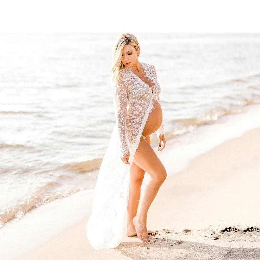 Thumbnail: Women Front Split Long Maxi Maternity Lace Dress Pregnant Gown Photography Prop