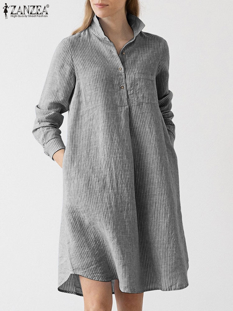 Thumbnail: ZANZEA Women Lapel Long Sleeve Dresses Striped Printed Elegant Dress Button Boh