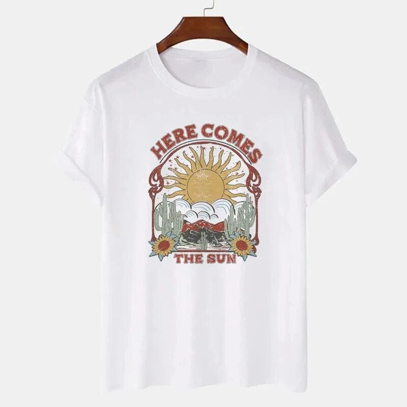 Here Comes the Sun Graphic Tees Western Women Oversized Hippie Boho T Shirt Vin