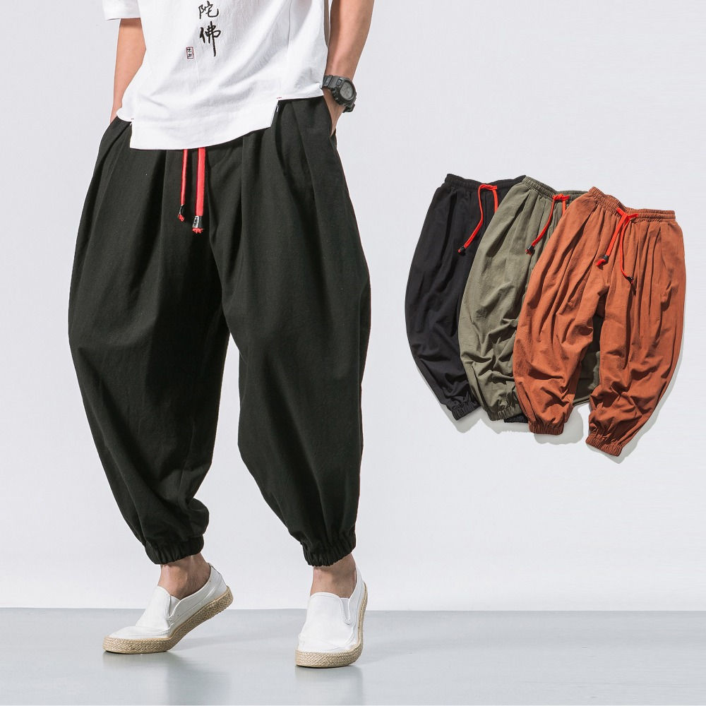 New Oversized Men Harem Pants Loose Chinese Style Cotton and Linen Sweatpants J