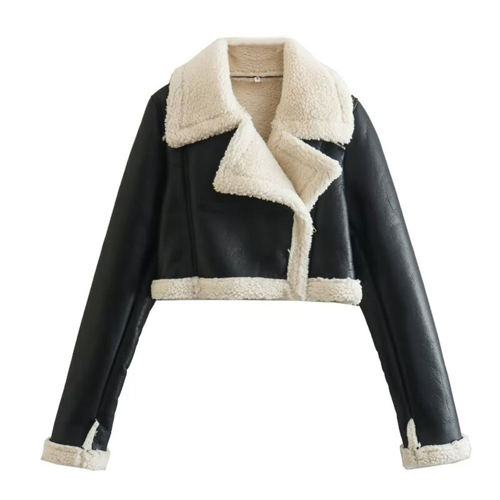 Women Fashion Solid Front Zipper Jackets Vintage Lapel Neck Long Sleeves Female