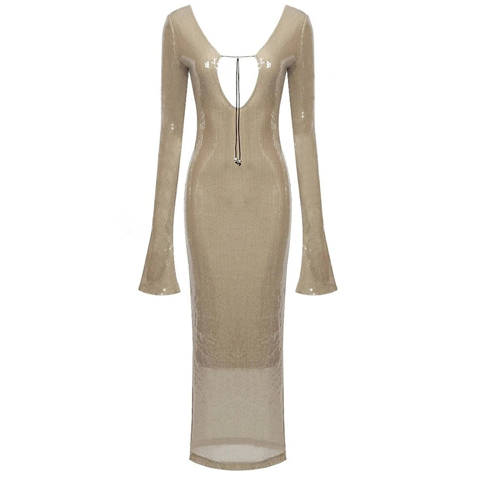 Miniatura: Elegant Lace Up Deep V Bandage Dress Long Sleeves Ankle Length Party Dresses fo