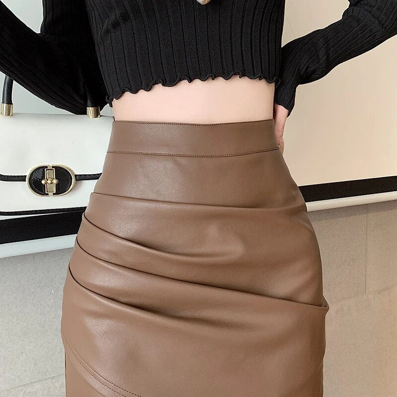 Thumbnail: High Waist Slim Leather Mini Skirt For Women 2023 Autumn Casual Cute Irregular