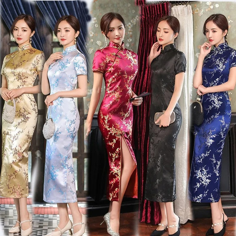 Miniatura: Elegant New Brocade Satin Long Fork Cheongsam Chinese Classic Women's Qipao Sho