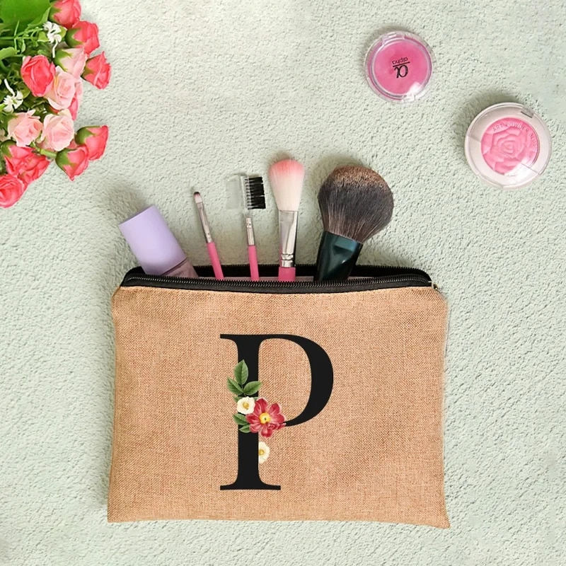 Miniatura: Floral Letter Print Women Linen Zipper Pouch Travel Organizer Case Mujer Bolsas