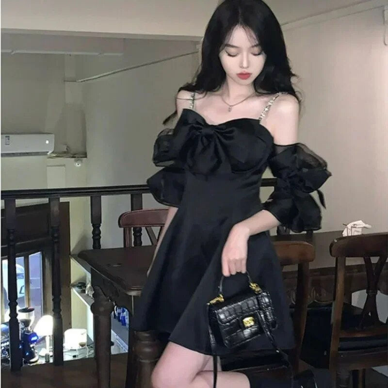 Thumbnail: Deeptown Fairycore Korean Style Black Cabaret Dress Women Y2k Off Shoulder Mini