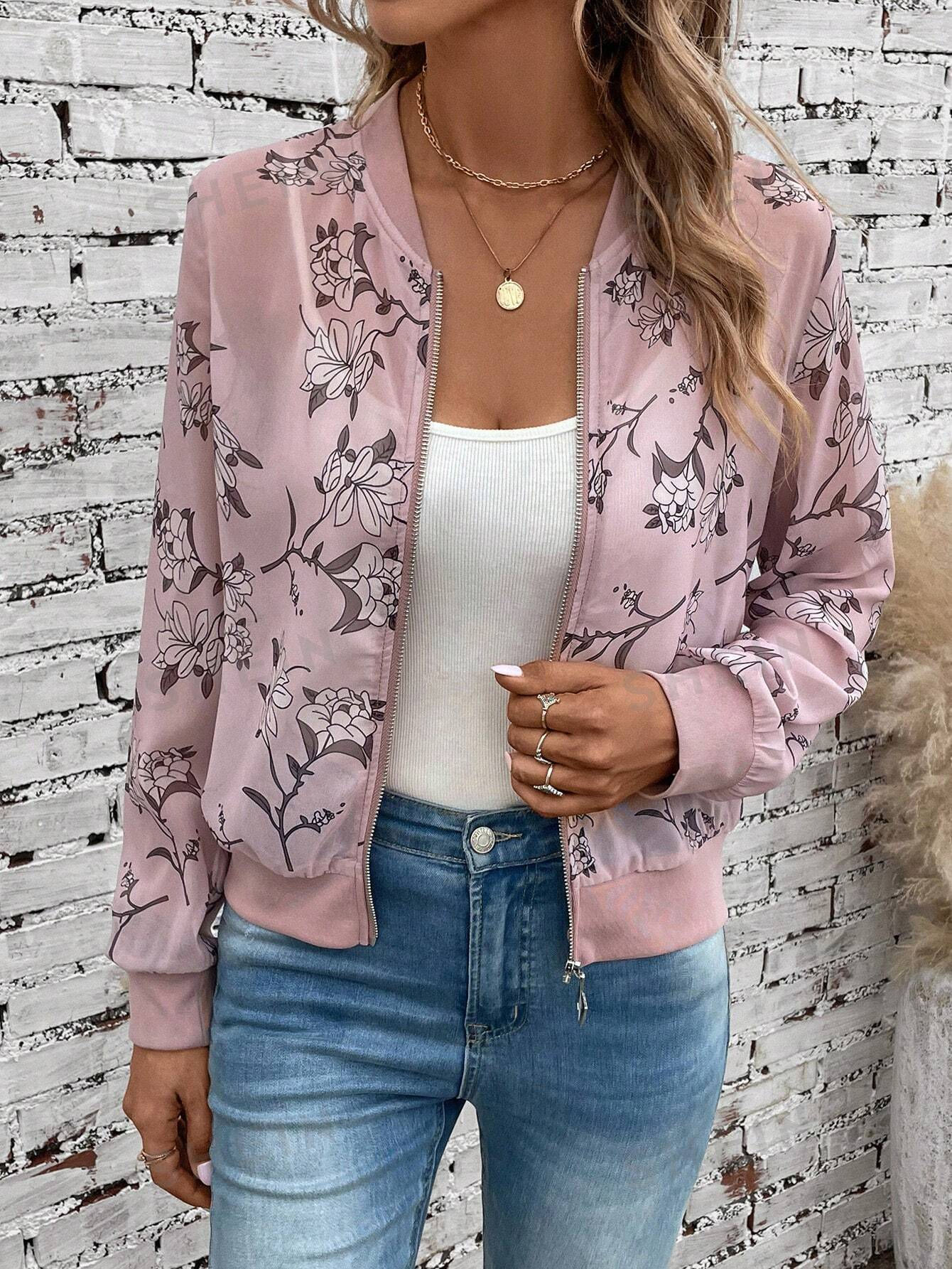EMERY ROSE Floral Print Zip Up Bomber Jacket
