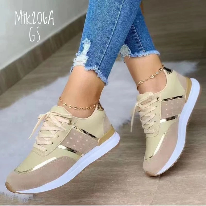 Thumbnail: Sneakers Women Shoes Lace-Up Running Shoes Autumn Spring Leather Patchwork Fema