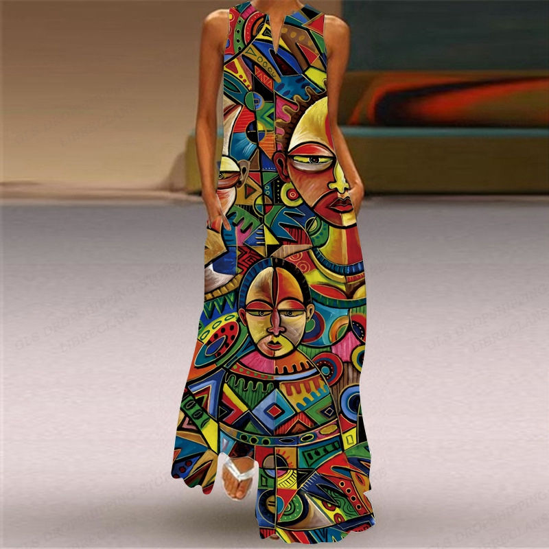 Thumbnail: Summer Retro Indian Indian Print New Hollow V-neck Loose Long Dress Elegant And