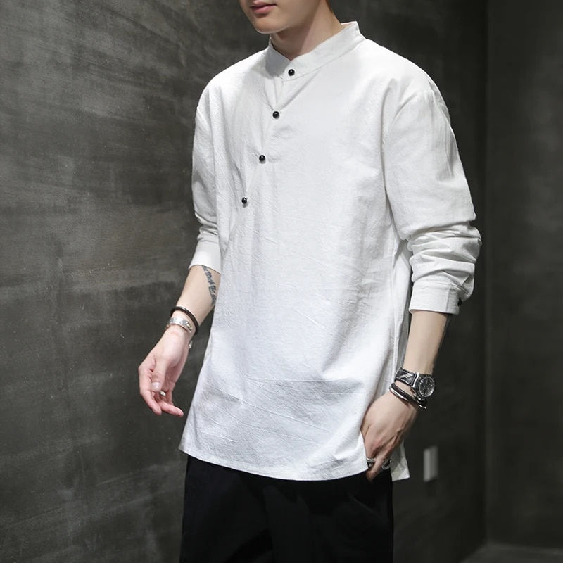 Thumbnail: Mens Chinese Style Hemp Shirt Cotton Linen Tang Suit Hanfu Retro Stand-Up Colla