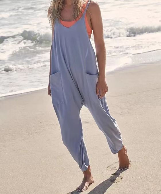 Thumbnail: Summer Women's Loose Sleeveless Jumpsuits Spaghetti Strap Long Pant Romper Jump