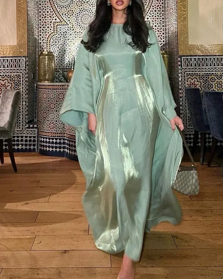 Miniaturebillede: Fashion Glossy Gauze Muslim Kimono Abaya O-neck Maxi Robe Women 2024 Spring Sum