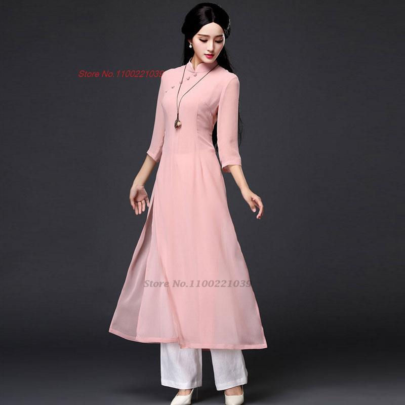 Miniaturebillede: 2024 traditional folk style aodai dress+pants set vietnam chiffon aodai elegant