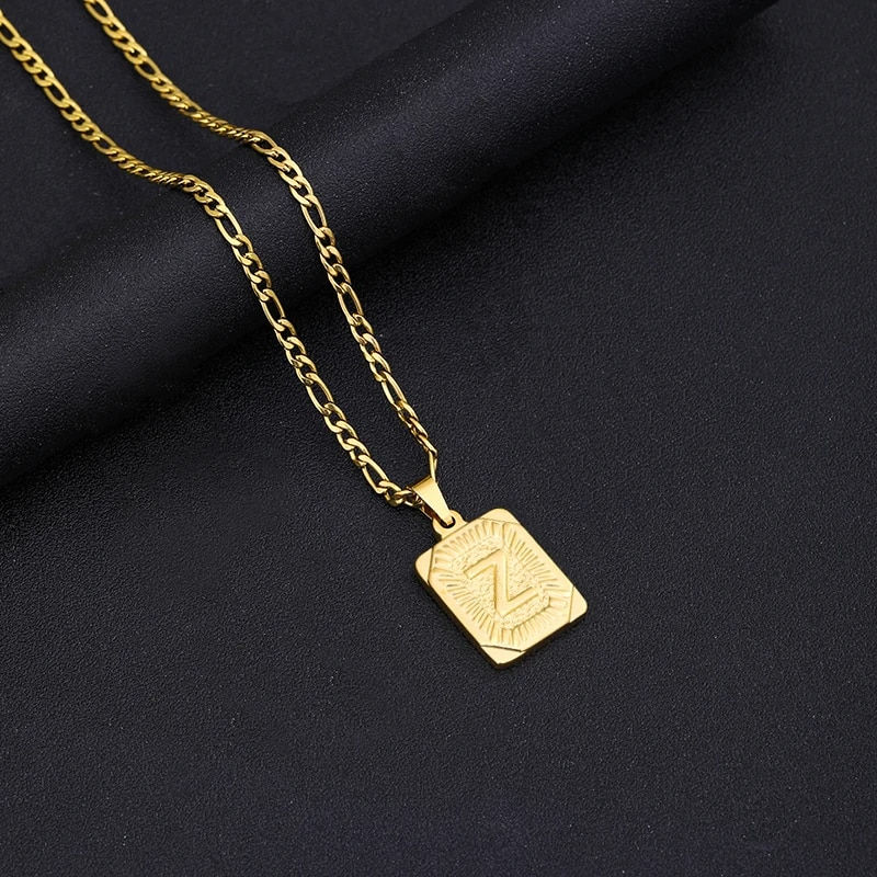Μικρογραφία: Initial Letter Pendant Necklace Stainless Steel Golden Cuban Chain A-Z Alphabet