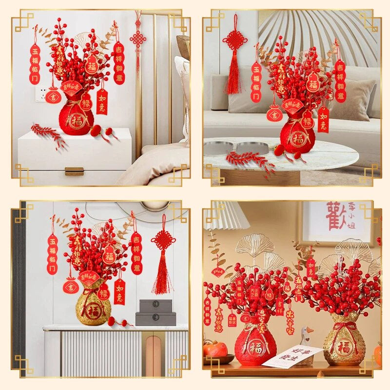 Thumbnail: Chinese Spring Festival Purse Vase Decor Red Artificial Fortune Fruit Pendants