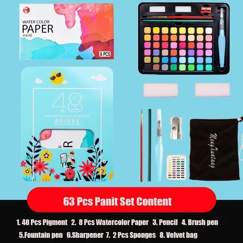 Thumbnail: 63 Pcs Professional Watercolor Paint Set 48 Colors Painting Set With Paint Brus
