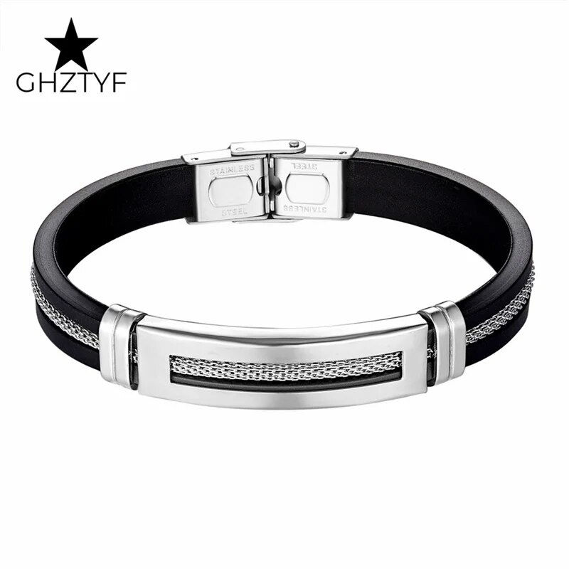 Thumbnail: Golden Chain Stainless Steel Bracelets for Men Women Teens Black Rubber Belt Wr