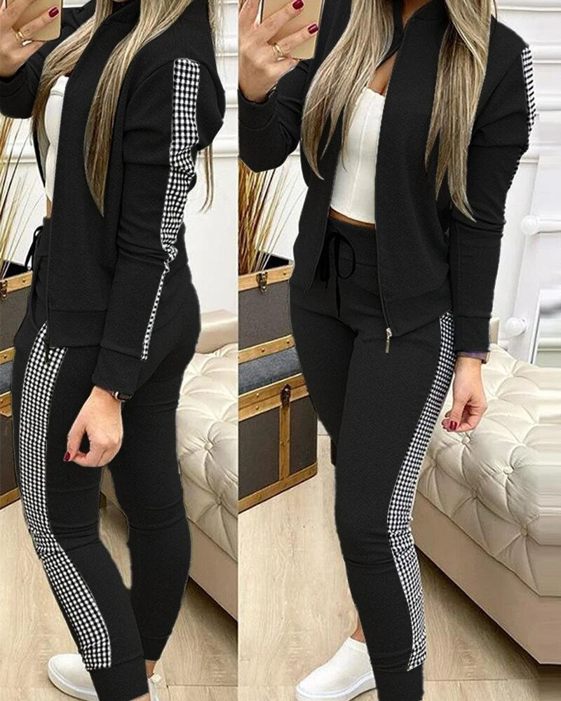 Thumbnail: Spring Leisure Sports Zipper Tops Coat Pants 2 Two Pieces Sets For Women Stripe