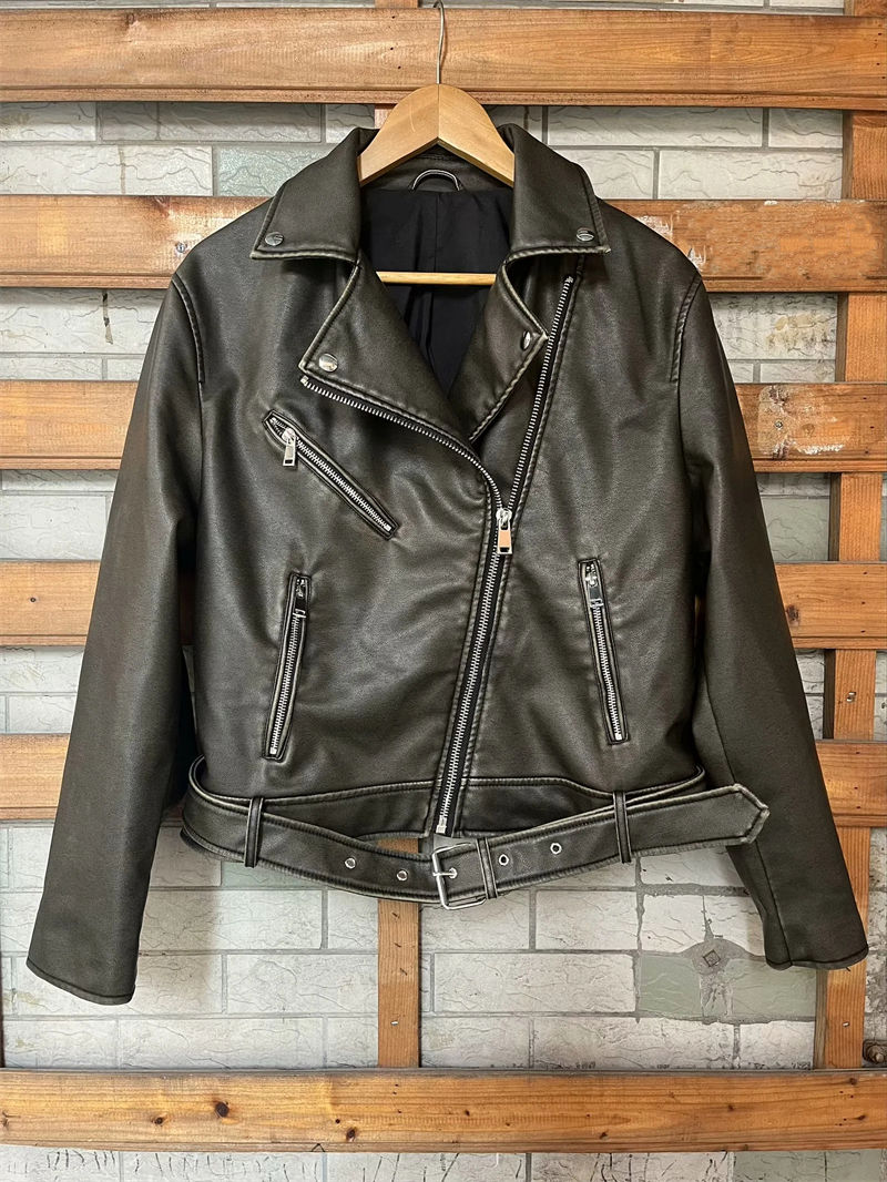 Thumbnail: New Spring Woman Faux Leather Jacket Chic Vintage Short Lapel Zipper Belt Biker