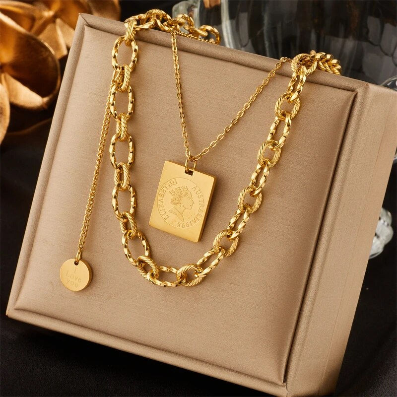 Thumbnail: MEYRROYU 316L Stainless Steel Hip Hop PunkVintage Multilayer Coin Pendant Neckl