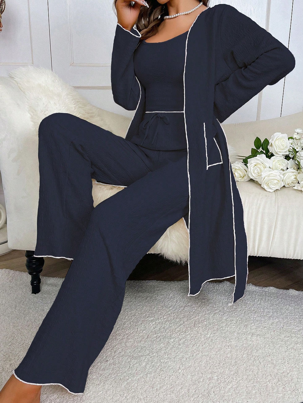 Thumbnail: Contrast Binding Belted Robe & Cami Top & Pants Lounge Set