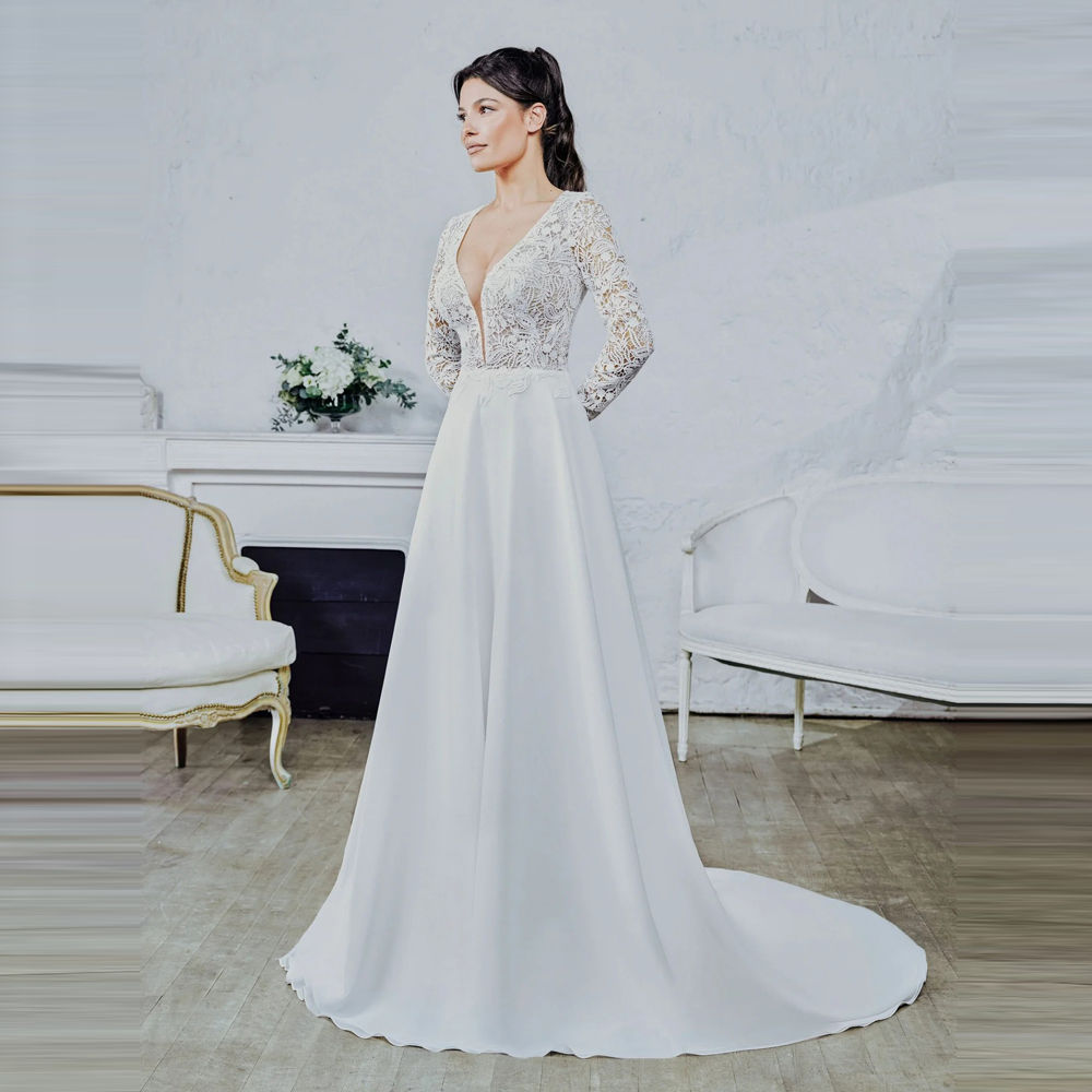 Wedding Dresses deep V-neck long-sleeve Vestido De Noiva Elegant lace appliqued