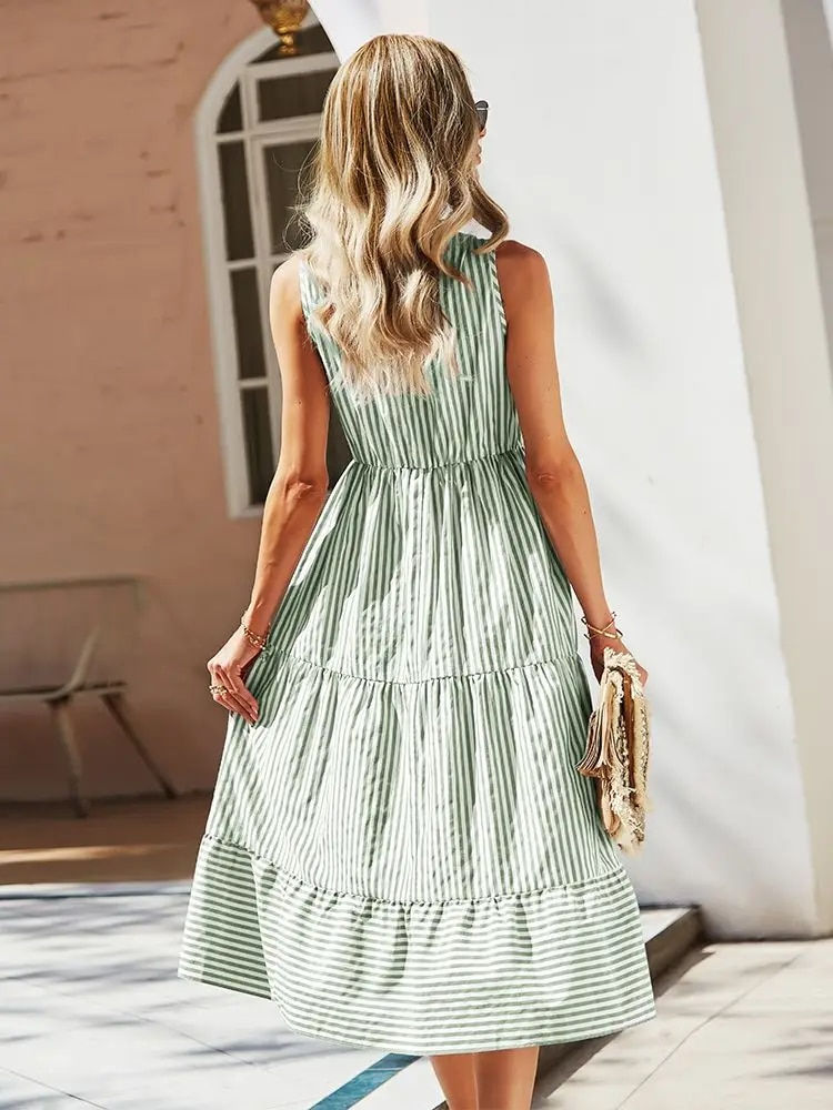 Miniatura: Ladies Vintage Boho Summer Dress Women Sleeveless Casual Holiday Striped Shirt