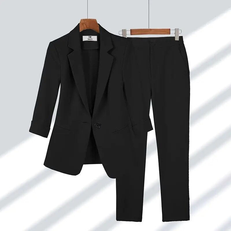 Thumbnail: Women's Summer Thin Fashion Suit Jacket Pants Two-piece 2023 New Casual Blazer 
