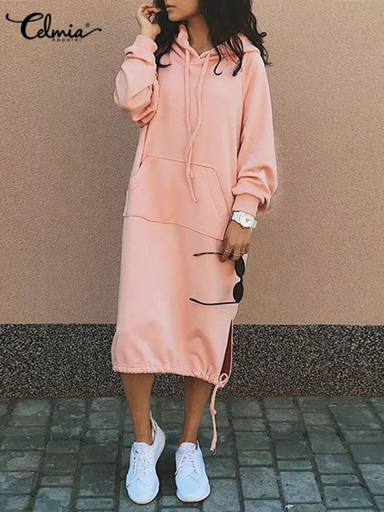 섬네일: Hoodies Dress for Women Celmia 2023 Fashion Hooded Long Vestidos Winter Warm Ca