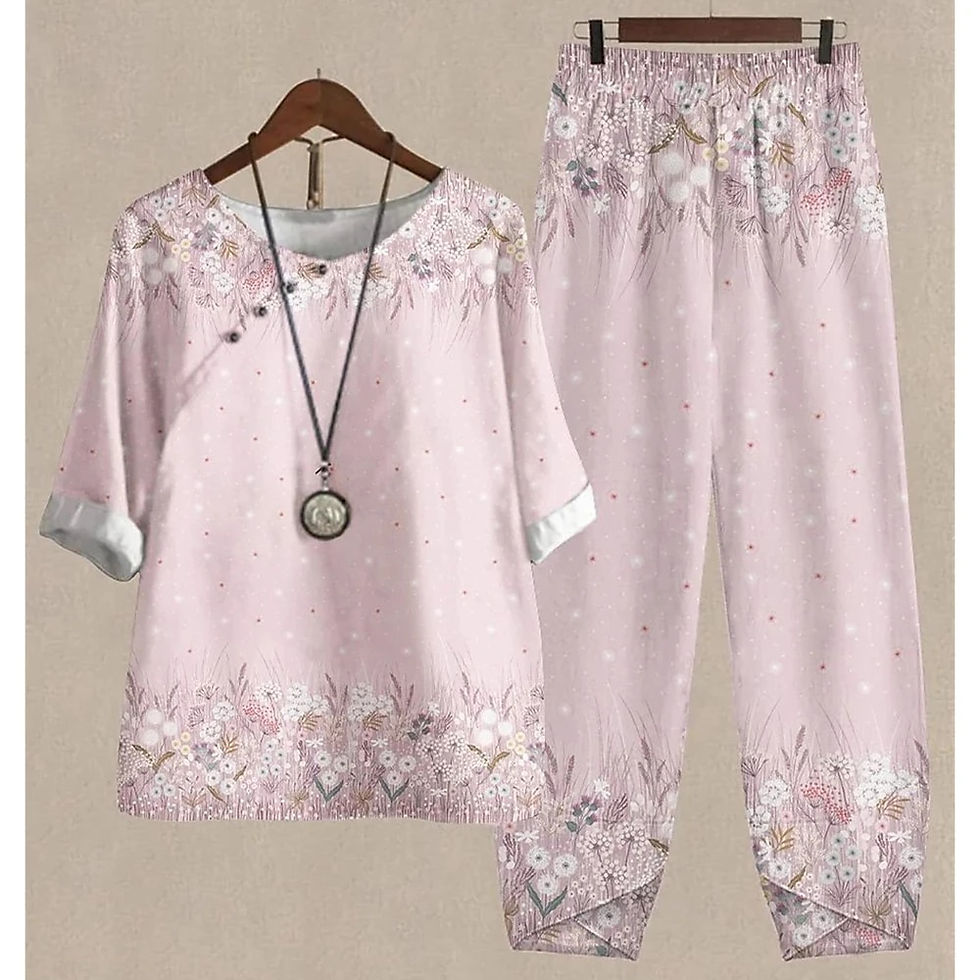 Thumbnail: New Women O Neck Short Sleeve Suit Flower Print Elegant Two Piece Sets Female O