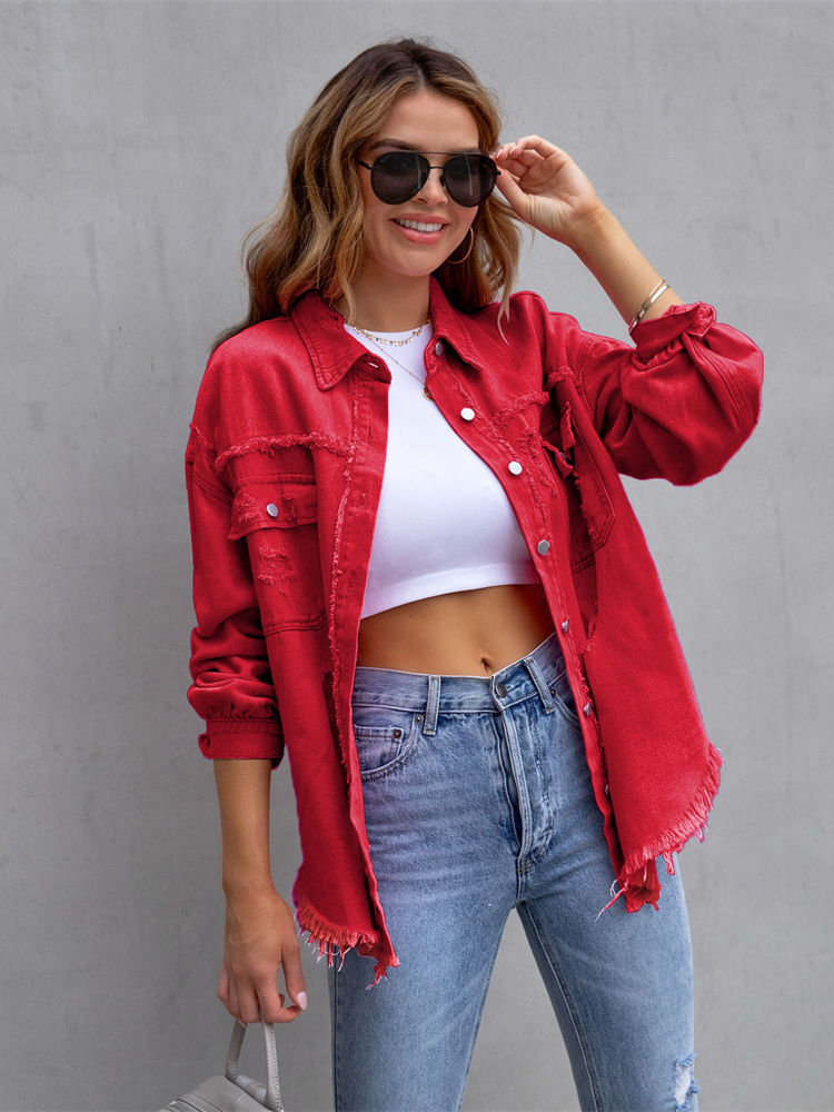 Thumbnail: Ragged Torn Denim Lapel Jacket Women Autumn Winter Short Fashion Jacket  Pocket