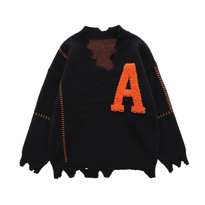 Thumbnail: Irregular Hem Frayed Letter Embroidery V Neck Casual Sweaters Men and Women Hig