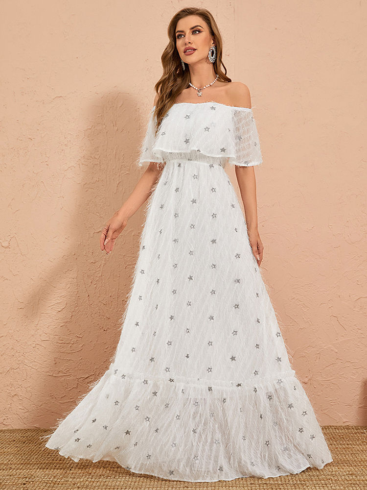 Thumbnail: TOLEEN Women Floor-Length Dresses Line neck Evening dress Elegant white lotus s