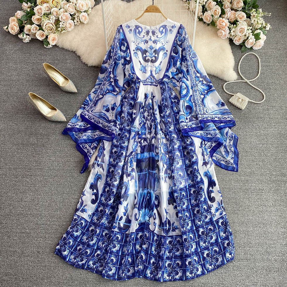 Miniaturebillede: Maxi Dress Women Batwing Sleeve Blue and White Porcelain Printing Bohemian Vaca