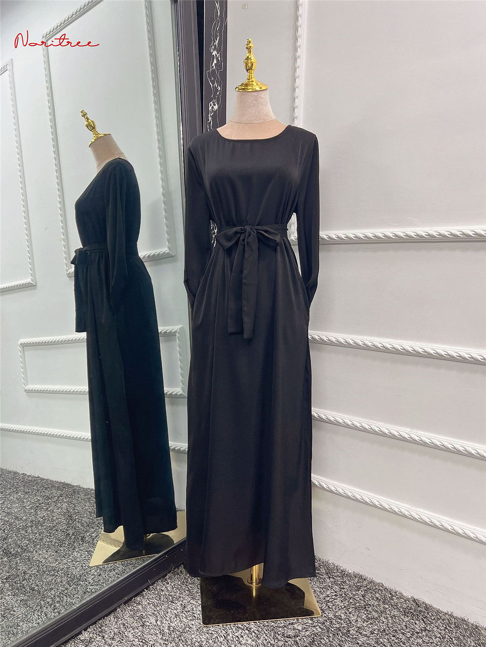 थंबनेल: Fashion Satin Sliky Djellaba Muslim Dress Dubai Full Length Flare Sleeve Soft S