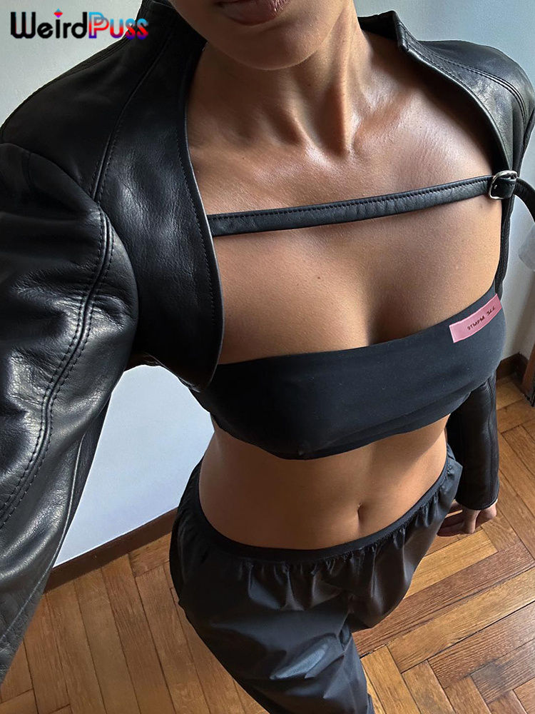 Thumbnail: Weird Puss Extra Short Women Jacket+Tube Tops Leather Stand Collar Chic Buckle